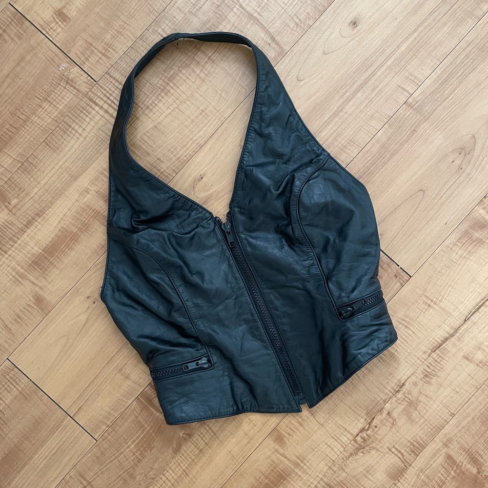 Vintage Black Leather Halter Vest Top